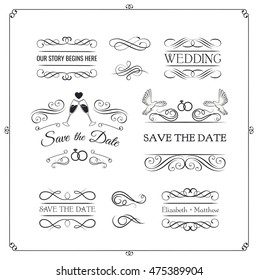Wedding Invintation Collection. Save the date. Vintage elements and page decoration. Ornate frames and scroll element. Vector Illustration. Retro Set