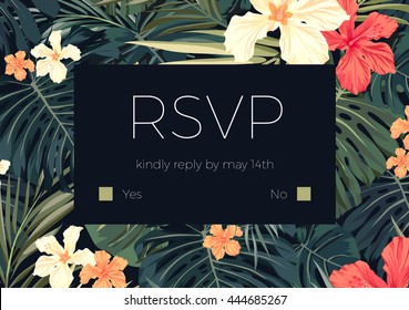 Wedding invitaion or card design with exotic tropical flowers and leaves