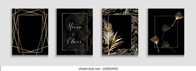 Wedding Invitatinon Gold Cool Cards Vector Set. Premium Rich Exotic Border, Pattern, Frame for Wedding Celebration. Monstera, Banana Leaves Exotic Background, Trendy Geo Design. Luxury Elegant Deco