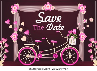 Wedding invitation. 3d illustration of double couple bicycle with flower and heart balloon, modern card design with pink floral frame and fabric wedding arch on dark red background