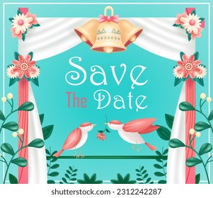 Invitación a la boda. Ilustración en 3d de un par de aves con flores en verano, diseño de tarjeta moderno con marco verde y arco de boda de tela sobre fondo verde suave
