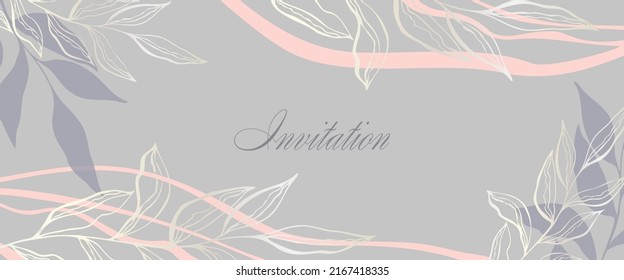 Wedding invitation abstract background in boho style with golden lines and botanical leaves, organic shapes. Abstract art vector background design for wedding and vip cover template.