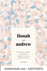 Wedding invitation with abstract brush strokes in pastel colors and sample text layout. Modern and stylish 5x7 inches greeting card, save the date, postcard, flyer design.