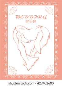 Wedding invitation with abstract figures of man and woman forming a heart. Vintage floral elements. Vector illustration.