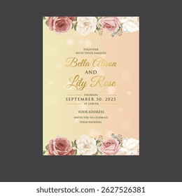 Wedding invitation with Abstract splashed watercolor background and red white color rose