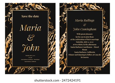Hochzeit mit abstrakten Streifen. Vorlage der Einladung zur Hochzeit. Gold auf Schwarz.