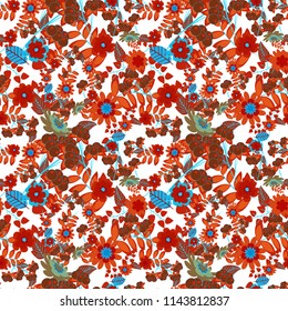 Wedding invitation. Abstract vector flowers in orange, white and red colors. Abstract floral background. Floral seamless pattern. Greeting card.