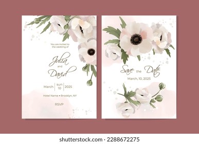 Wedding invitation with anemone watercolor floral design, rustic style. Floral birthday card, invitation template, cover design.