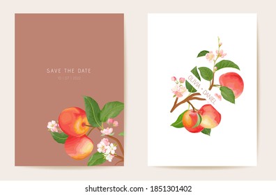 Wedding invitation apple, autumn fruits, flowers, leaves card. Tropic watercolor template vector. Botanical Save the Date golden foliage modern poster, trendy design, luxury background