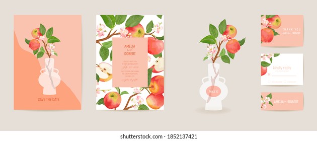 Wedding invitation apple vector card. Vintage botanical Save the Date set. Design template of fruits, flowers and leaves, blossom illustration. Exotic trendy cover, pastel graphic poster, brochure