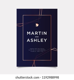 Wedding Invitation, art deco style invite thank you, rsvp modern card Design with navy blue and white gold geometrical polyhedron decorative Vector illustration luxury elegant template