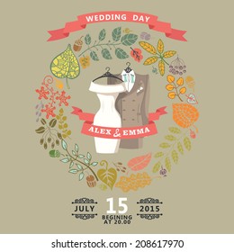 Wedding invitation with autumn leaves wreath. Wedding wear with vignettes,ribbons.Vector design template