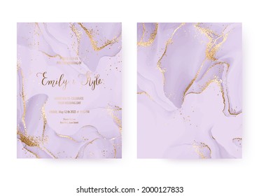 Wedding invitation background design with alchol ink texture and gold splatter.