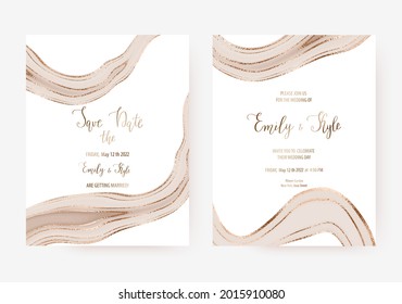 Wedding invitation background design with natural paint splash and gold waves.