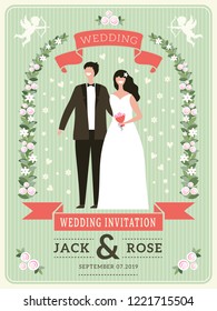 Wedding invitation background. Happy groom couple happy lovers wedding day cute bride vector placard. Illustration of invitation wedding, couple groom and bride