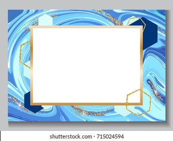 Wedding invitation background, marble brochure, blue color template in trendy minimalistic geometric style, with stone, granite, textures, vector poster