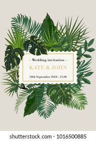 wedding invitation, background with tropical leaves, vector
