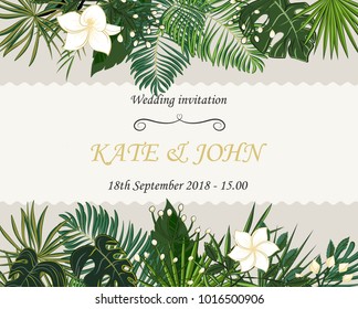 wedding invitation, background with tropical leaves, vector