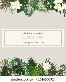 wedding invitation, background with tropical leaves, vector