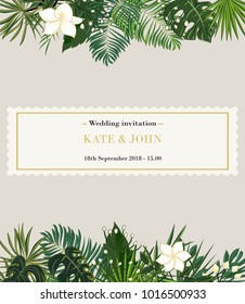 wedding invitation, background with tropical leaves, vector