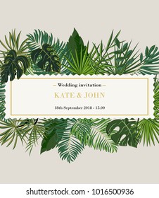 wedding invitation, background with tropical leaves, vector