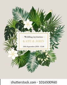 wedding invitation, background with tropical leaves, vector
