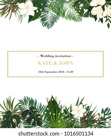 wedding invitation, background with tropical leaves, vector
