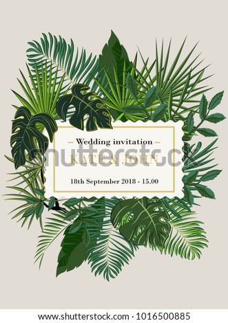 wedding invitation, background with tropical leaves, vector