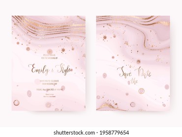 Fondos de invitación de bodas con textura de mármol y bandeja de brillo dorado.