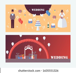 Wedding invitation banners, vector illustration. Flat style icons and symbols, figures of groom and bride, wedding arch, balloons, cake and gift boxes. Newlywed man and woman, ceremony invitation