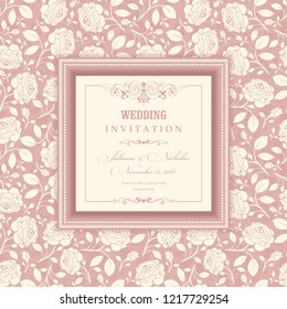 Wedding  Invitation  with baroque pattern. Beautiful Victorian ornament. Provence drawing. Frame with floral elements.  Elements of rose and leaves. Vector illustration.