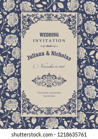 Wedding  Invitation  with baroque pattern. Beautiful Victorian ornament. Provence drawing. Frame with floral elements.  Elements of rose and leaves. Vector illustration.