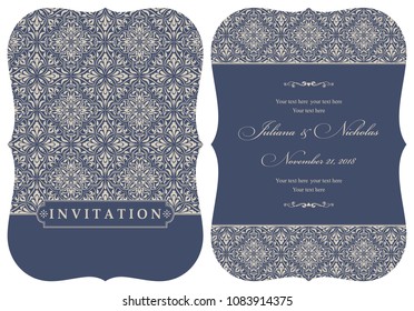 Wedding  Invitation  with baroque pattern. Size: 5" x 7". Beautiful Victorian ornament. Frame with floral elements.  The front and back side. 