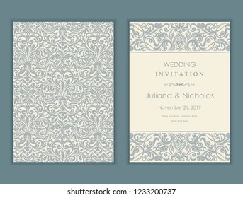 Wedding  Invitation  with baroque pattern. Size: 5" x 7". Beautiful Victorian ornament. Frame with floral elements.  The front and back side. Add photos and text to both sides of this flat card.