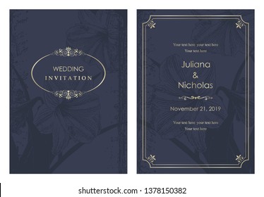 Wedding  Invitation  with baroque pattern. Size: 5" x 7". Beautiful Victorian ornament. Blue and gold. Frame with floral elements.  The front and back side. Vector illustration.