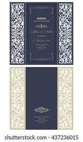 Hochzeitseinladung Barock. Vorlage zum Laserschneiden. Öffnen Sie die Karte. Vorder- und Rückseite. Es kann als Umschlag verwendet werden.
