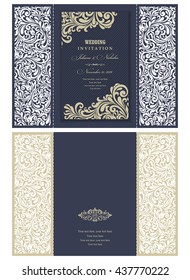 Wedding Invitation Baroque. Template for laser cutting. Open card. The front and rear side. It can be used as an envelope. 