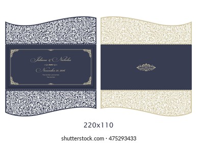 Wedding Invitation Baroque. Template for laser cutting. Open card. The front and rear side. It can be used as an envelope. Folded size 220x110 mm.