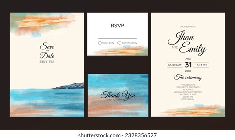 wedding invitation with beach and mountain view watercolor background