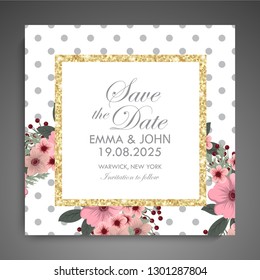 Wedding invitation. Beautiful blooming flowers. Vintage greeting card. Frame.