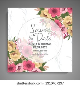 Wedding invitation. Beautiful blooming flowers. Vintage greeting card. Frame.
