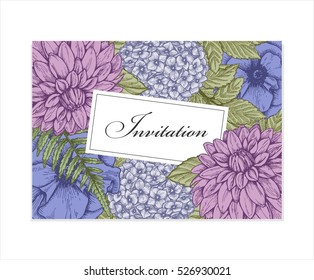 Wedding invitation. Beautiful blooming flowers. Vintage greeting celebration card. Frame. 