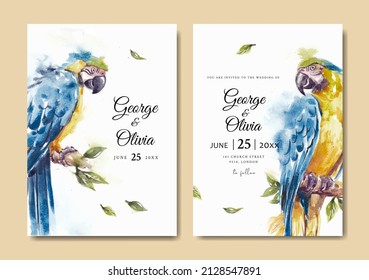 Wedding invitation with beautiful blue and gold macaw parrot watercolor