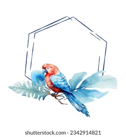 Wedding invitation with beautiful blue and gold macaw parrot watercolor. Vector illustration