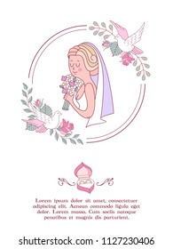 Wedding invitation. Beautiful bride with a bouquet in her hand in a wreath of delicate pink flowers. Vector illustration with space for text.