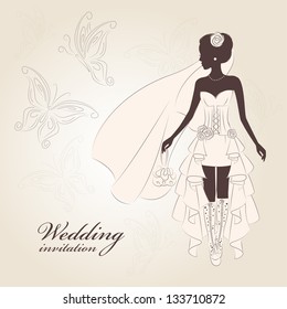 Wedding invitation.  Beautiful bride  in an elegant wedding dress and stylish boots. Hand drawn illustration.