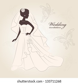  Wedding invitation. Beautiful bride  in an elegant wedding dress. Hand drawn illustration.