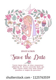 Wedding invitation. Beautiful wedding card with a bride with a bouquet in her hand. Delicate pink wedding flowers, a glass of champagne and a white dove. All design elements are assembled in the shape