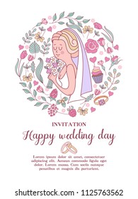 Wedding invitation. Beautiful wedding card. Beautiful bride with a bouquet in her hand surrounded by beautiful wedding flowers. Vector illustration with space for text.