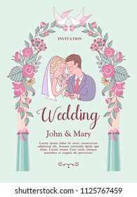 Wedding invitation. Beautiful wedding card. The bride and groom exchange wedding rings. Pergola from pink wedding flowers and white doves. Vector illustration with space for text.